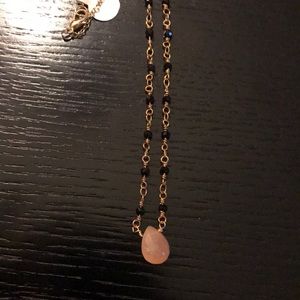 Gold necklace with black crystal & pink quartz